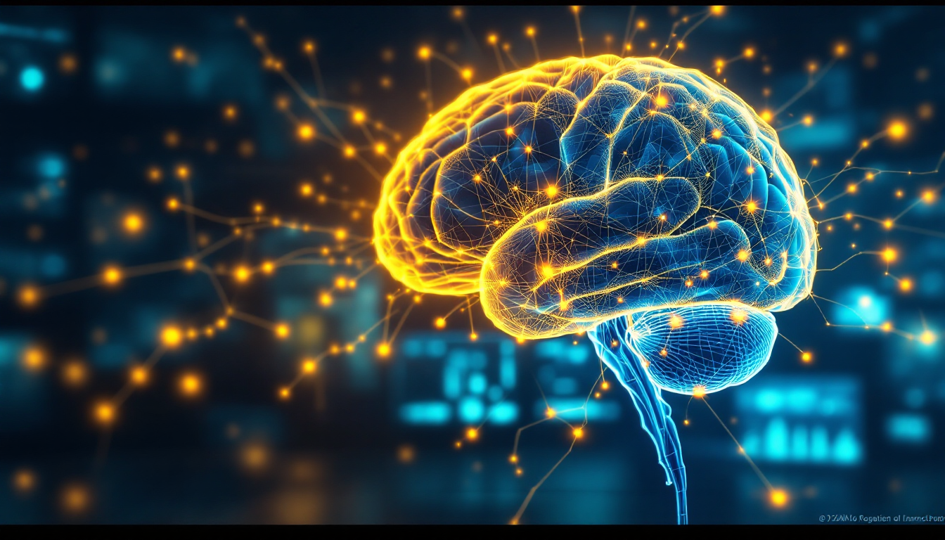 뇌의 신경가소성을 보여주는 과학적 뇌 일러스트, 신경 회로가 활발히 변화하는 모습