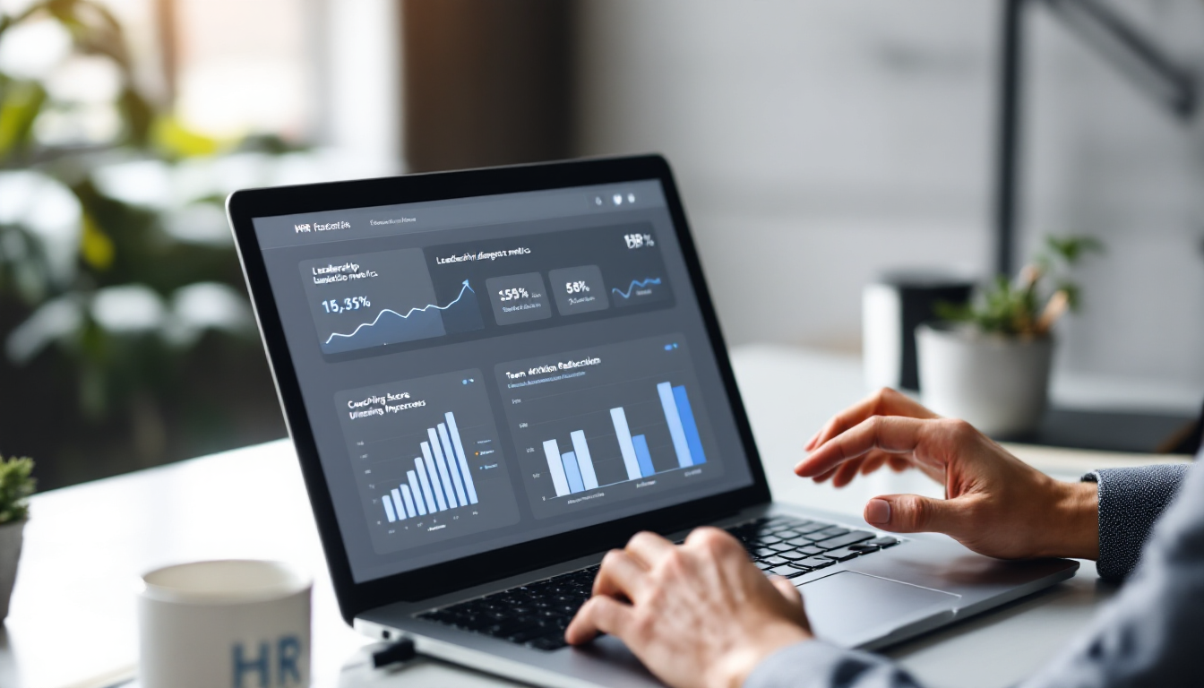 리더십 역량 진단 데이터와 팀 이탈률 감소 통계를 분석하는 HR 매니저의 모습