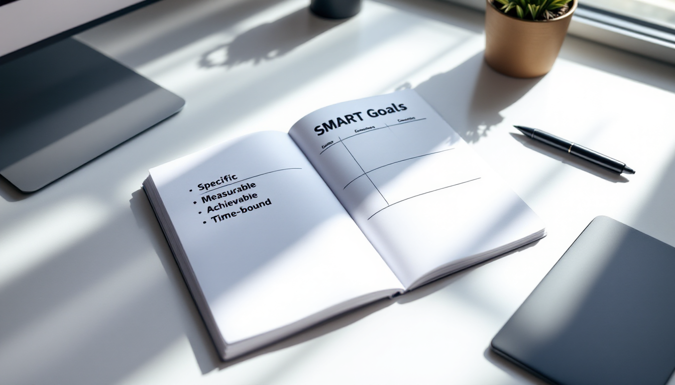 명확한 SMART 목표 설정을 위한 정리된 책상과 목표 차트