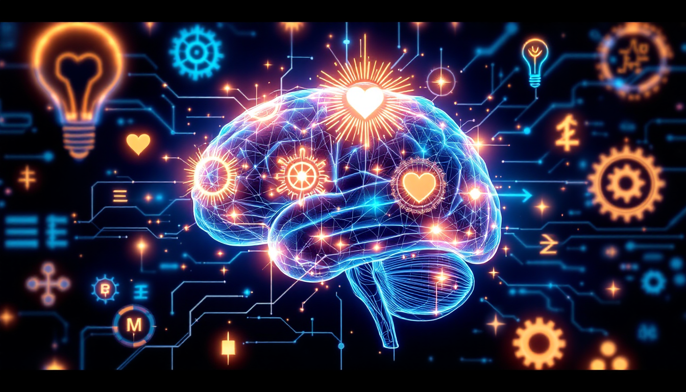 AI 시대에 인간 고유의 능력인 창의성, 비판적 사고, 공감 능력, 문제 해결 능력을 상징하는 이미지