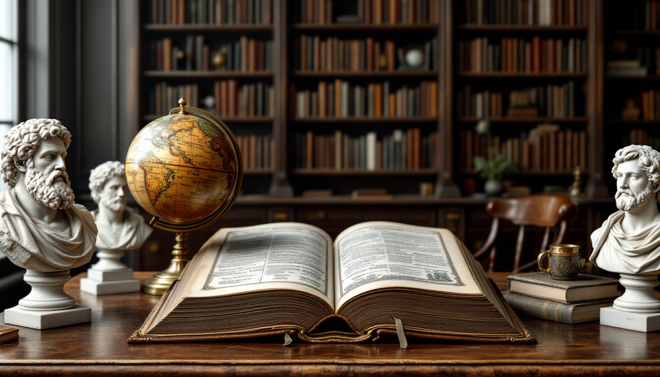 인문학의 핵심 기둥인 철학, 문학, 역사를 상징하는 책과 지구본, 고전 조각상의 실사 이미지