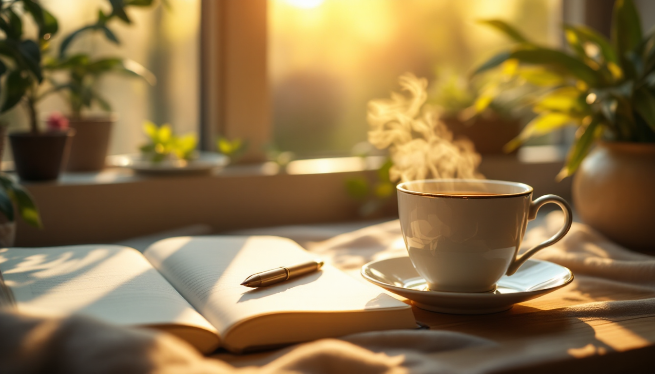 감사 일기와 내적 평화 실천을 상징하는 일상의 평화로운 이미지